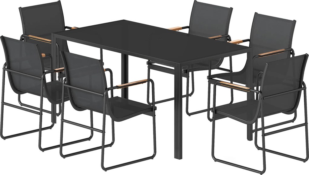 Conjunto de sala de jantar de jardim de 7 peças para 6 pessoas, mesa de vidro e cadeiras com braços decorativos, malha resistente às intempéries, pret