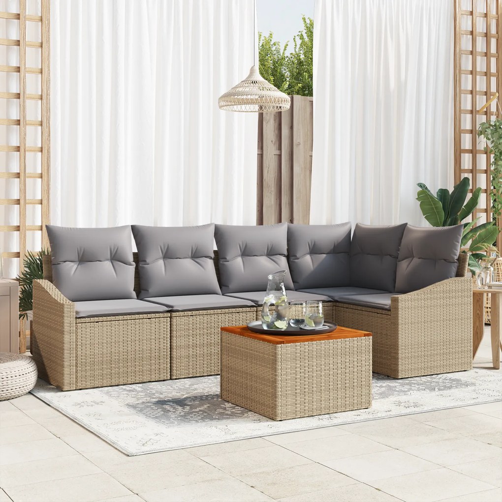 Conjunto de Sofá de Jardim de 6 Peças com Almofadas Bege Rattan Acácia