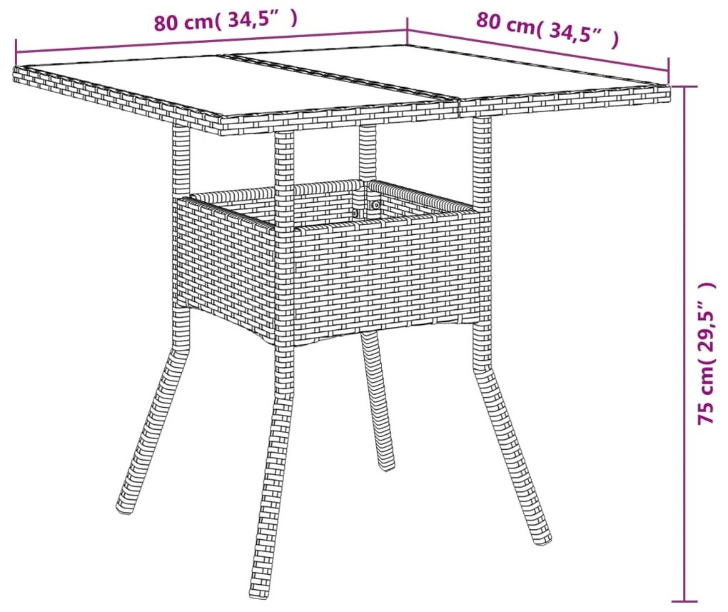 Mesa de jardim com tampo de vidro 80x80x75 cm vime PE castanho