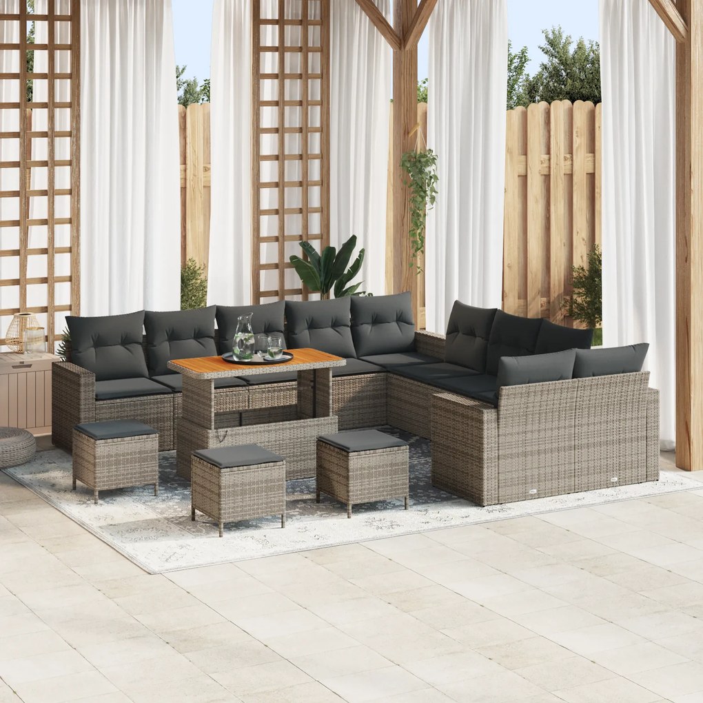 Conjunto de Sofá de Jardim VidaXL 14 Peças com Almofadas Cinza Rattan PE Acácia