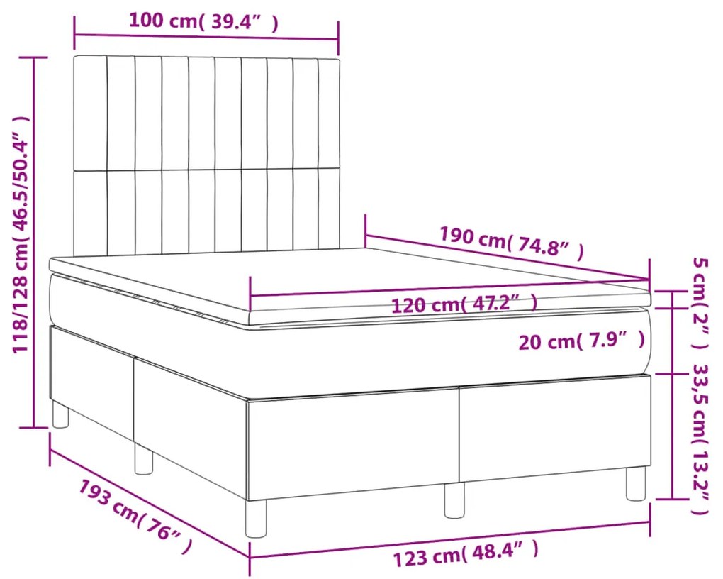 Cama boxspring com colchão 120x190 cm tecido azul