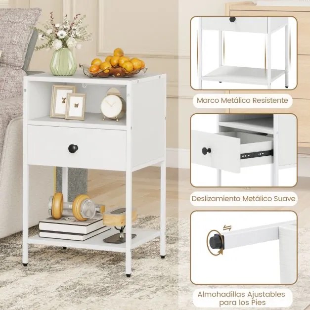 Conjunto de 2 mesas de cabeceira 40 x 32 x 65 cm com estação de carregamento, compartimento aberto, gaveta, estante, armazenamento, , branco e preto