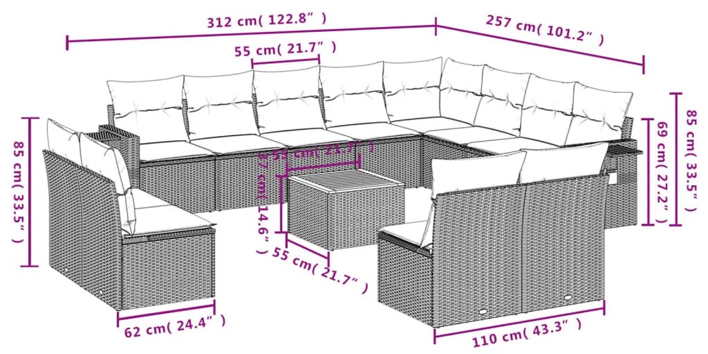 13 pcs conjunto de sofás p/ jardim com almofadões vime PE bege