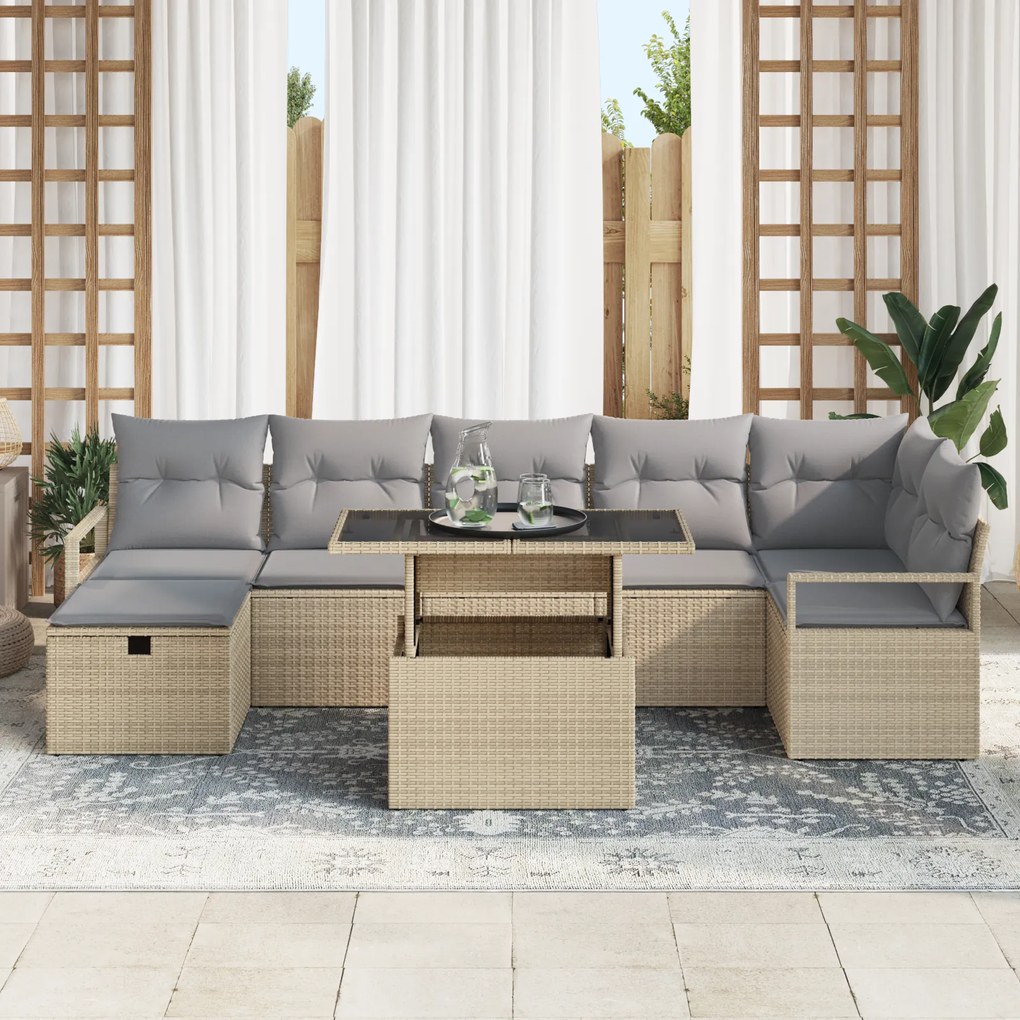 Conjunto de Sofá de Jardim vidaXL com 8 Peças e Almofadas Bege em Vime