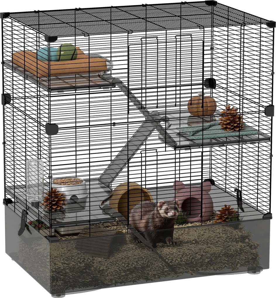 Gaiola para Pequenos Animais de 4 Níveis com Bandeja Inferior Gaiola para Roedores com Rampas Comedouro e Bebedouro 73x47x80 cm Preto
