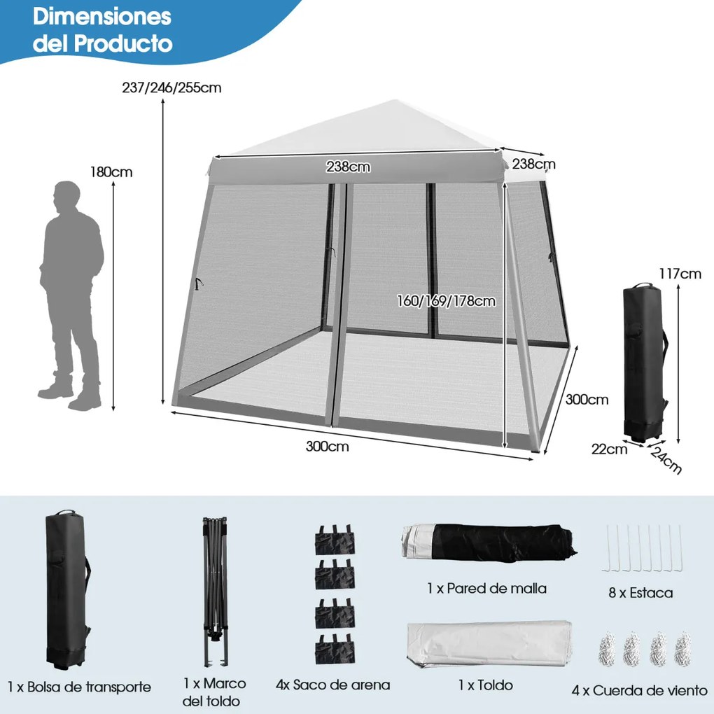 Tenda exterior dobrável instantânea de 3x3m com pernas inclinadas e paredes laterais ajustáveis com altura ajustável cinzento