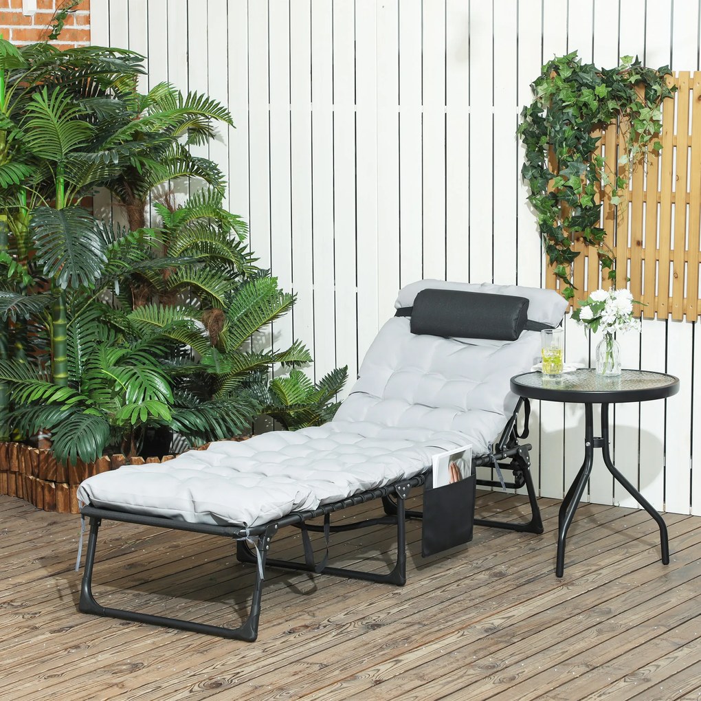 Espreguiçadeira dobrável com almofada, apoio para a cabeça e bolso lateral, reclinável, 58 x 189 x 32,5 cm, cinzento claro