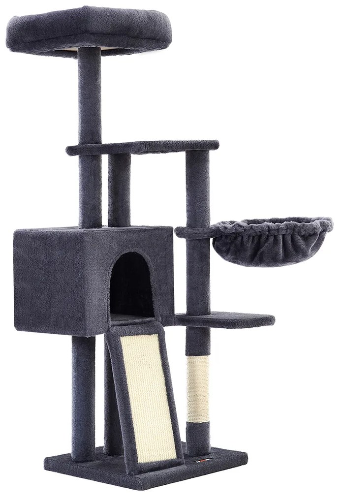 Arranhador para gatos FEANDREA 135 cm, pequeno, de pelúcia, com vários níveis, com poleiro removível e lavável, cesto para arranhar, cinza escuro