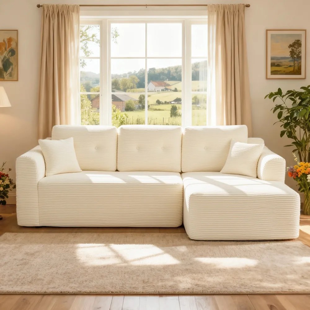 Sofá modular de canto com Chaise long à direita, 150 x 244 x 73 cm branco creme