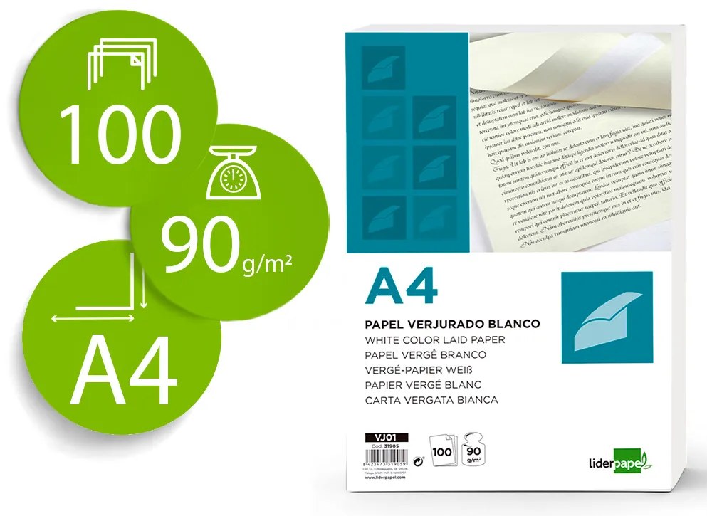 Papel Verge Din A4 90 gr Branco Pack de 100 Folhas