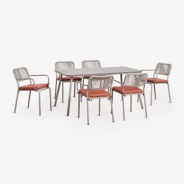 Conjunto De Mesa Retangular 160x90 Cm E 6 Cadeiras De Jantar Empilháveis Em Corda Trançada Arhiza Castanho Moka - Terracota - Sklum