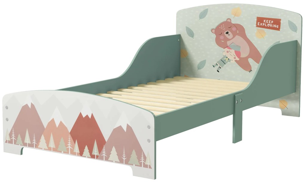 Cama para Crianças de Madeira com Barreira de Proteção e Estampados Carga Máx. 40 kg 77x143x60 cm Verde