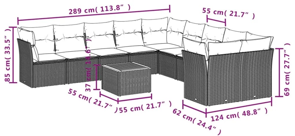 11 pcs conjunto sofás de jardim c/ almofadões vime PE bege