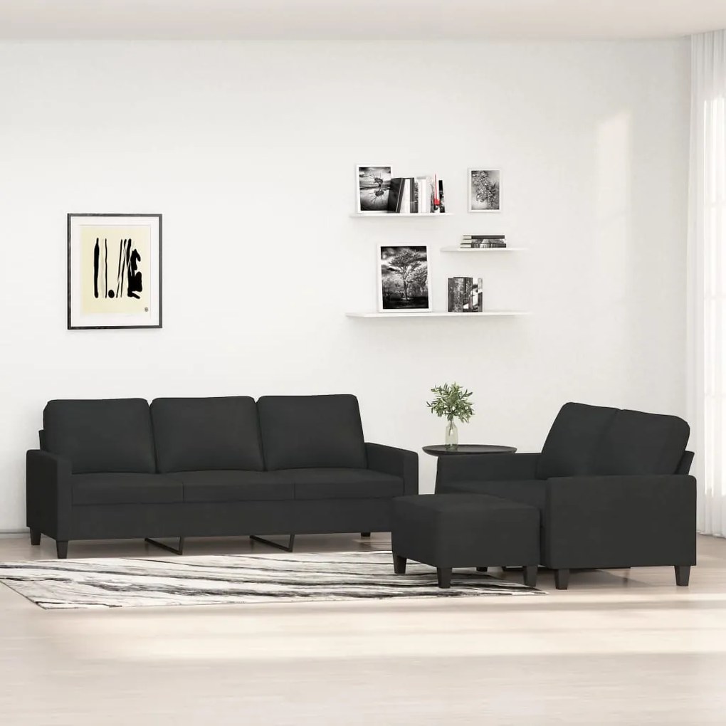vidaXL 3 pcs conjunto de sofás com almofadões tecido preto