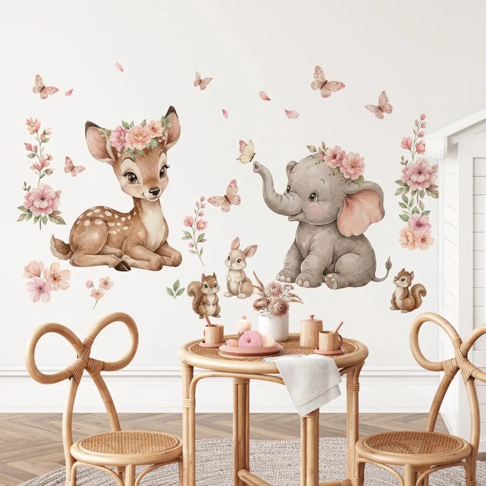 Autocolante de parede para menina - Veado e elefante com flores
