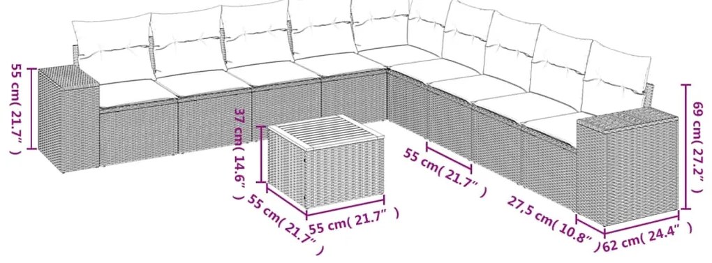 10 pcs conjunto sofás de jardim c/ almofadões vime PE preto