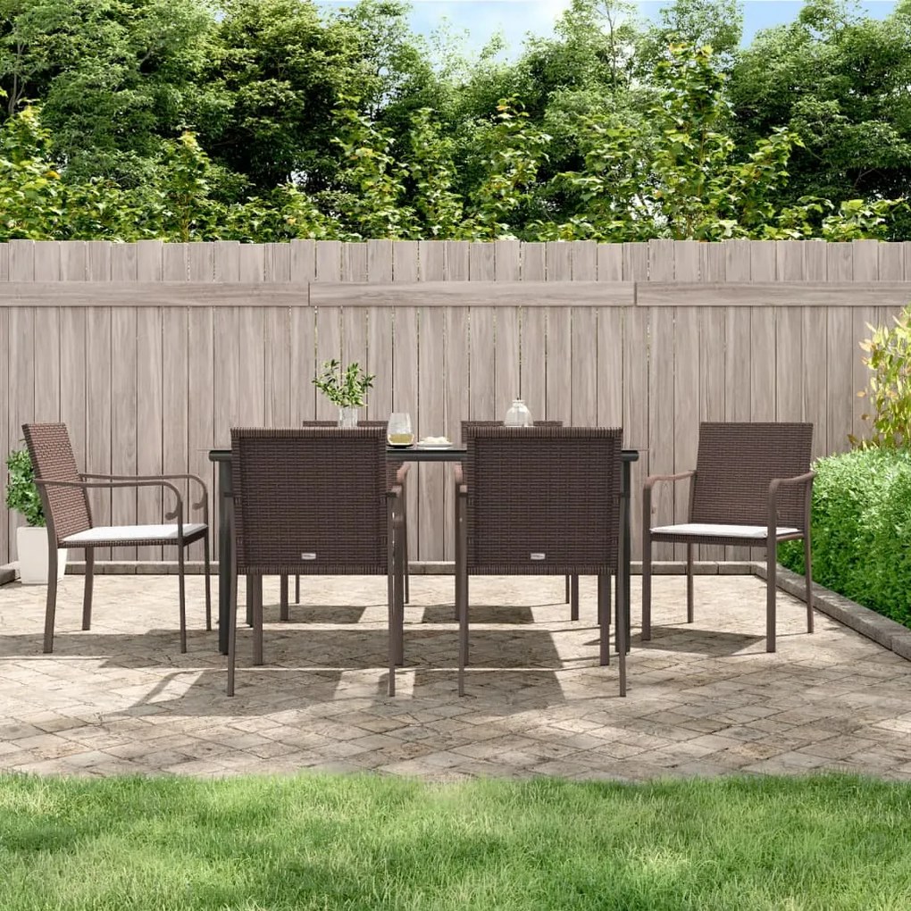 vidaXL 7 pcs conjunto de jantar p/ jardim c/ almofadões vime PE e aço