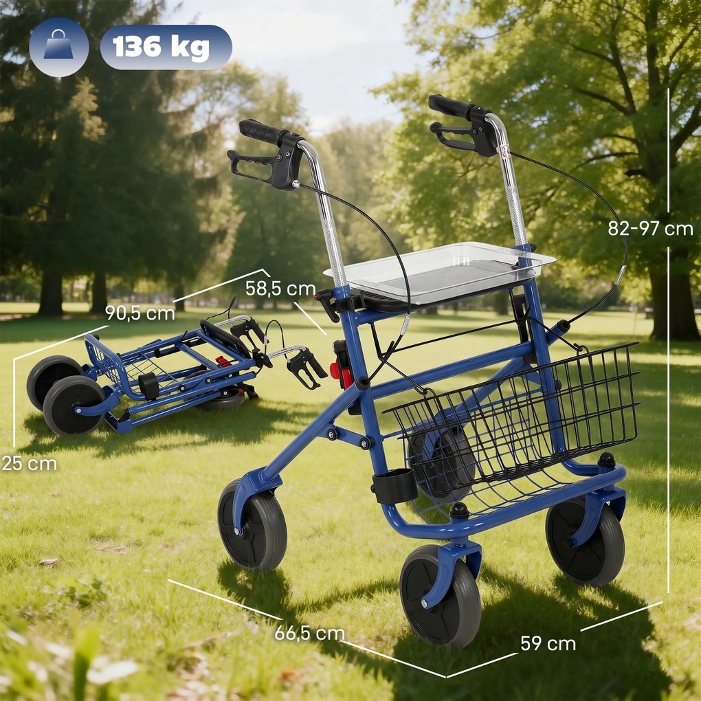 Andador 4 rodas dobrável, rollator em aço inoxidável, assento acolchoado em PU, pega regulável, azul