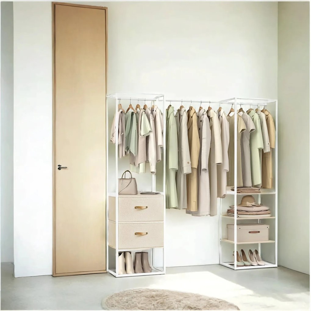 Guarda roupa aberto com 2 gavetas 40 x (150-180) x 180 cm branco e bege natural