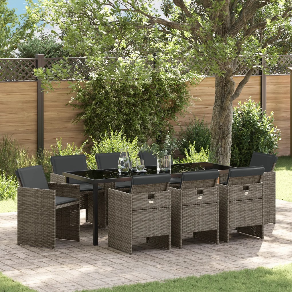vidaXL Conjunto de Jantar de Jardim de 9 Peças com Almofadas Cinza Rattan PE