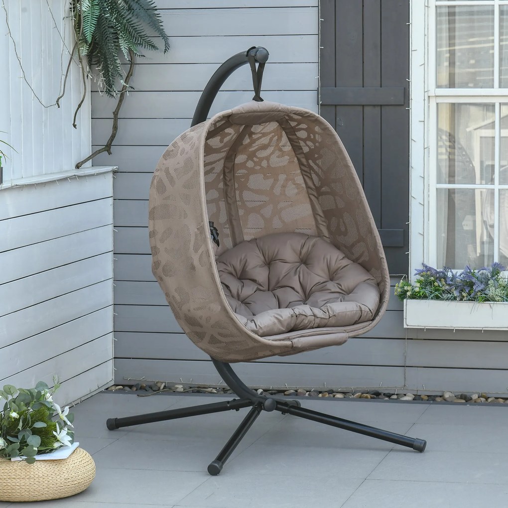 Cadeira Suspensa Jardim com Suporte de Aço Cadeira Suspensa com Cesto Dobrável e Almofadas para Interior e Exterior 126x96x172cm Preto e Castanho arei