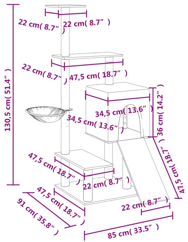 Árvore gatos c/ postes arranhadores sisal 130,5 cm cinza-claro