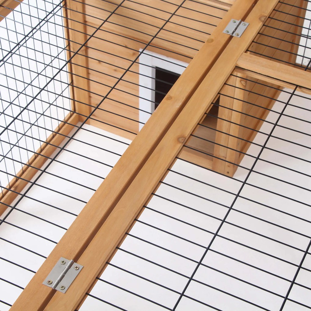 PawHut Coelheira de Exterior Gaiola para Coelhos Porquinho da India Animais Pequenos com 2 Portas Superiores e Teto Asfáltico Dobrável 123x120x52cm Madeira Natural