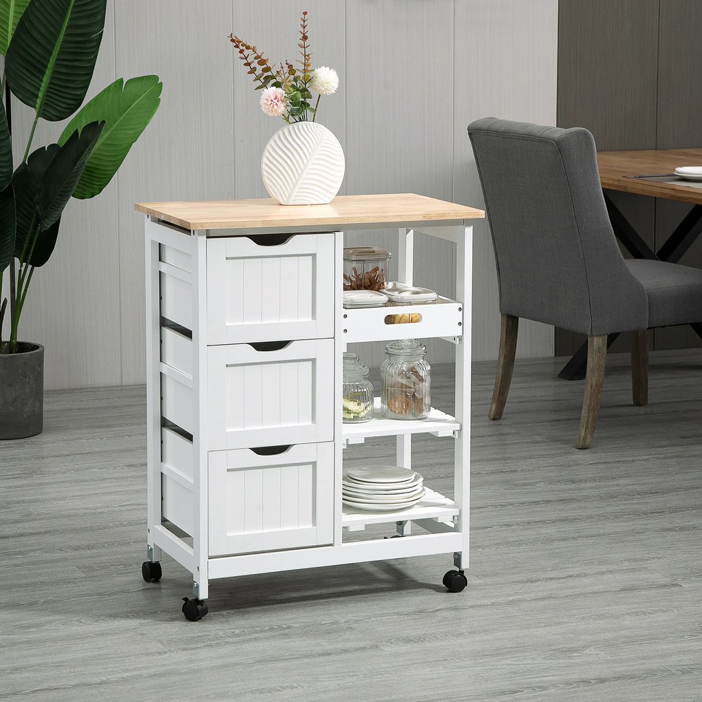 HOMCOM Carrinho de Cozinha com Rodas Carrinho de Serviço Multiuso com 3 Gavetas 2 Prateleiras Abertas e Bandeja para Sala de Jantar Sala de Estar 67x37x85,5cm Branco