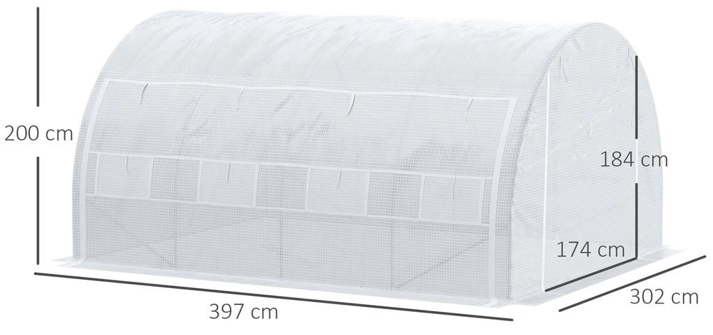 Estufa de Túnel de Jardim 4x3x2m com Porta Enrolável 8 Janelas Cobertura de PE 140g/m² e Metal Galvanizado para Cultivos de Plantas Verduras Branco