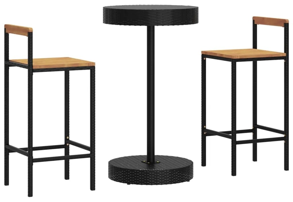 3 pcs conjunto de bar p/ jardim vime PE/acácia maciça preto