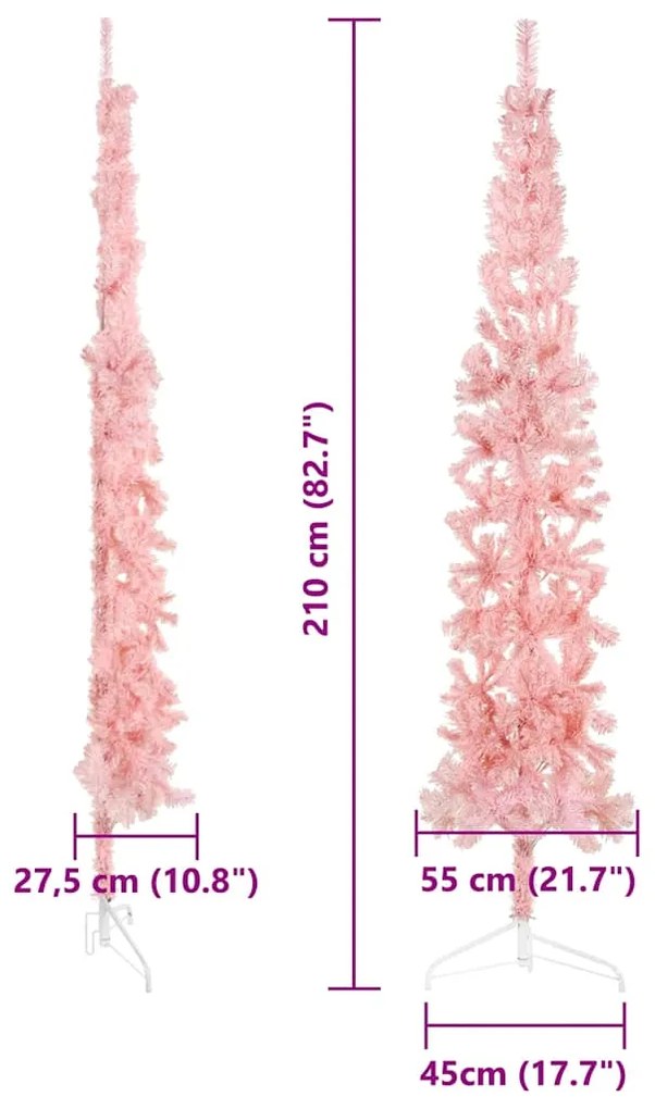 Meia árvore de Natal fina com suporte 210 cm rosa