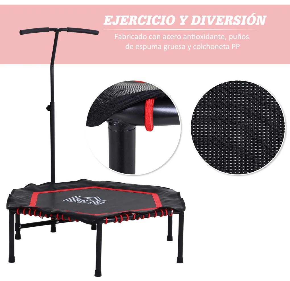 HOMCOM Trampolim de Fitness Profissional Hexagonal Φ122x 122/130/138 cm Guiador Ajustável 3 Níveis de Altura Vermelho
