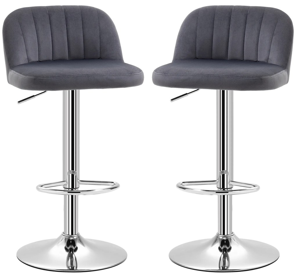 HOMCOM Conjunto de 2 Bancos de Bar Estofados em Pelúcia Bancos Altos de Sala de Jantar com Altura Ajustável Assento Giratório e Apoio para os Pés Carga Máxima 120kg 43x45x81-101cm Cinza
