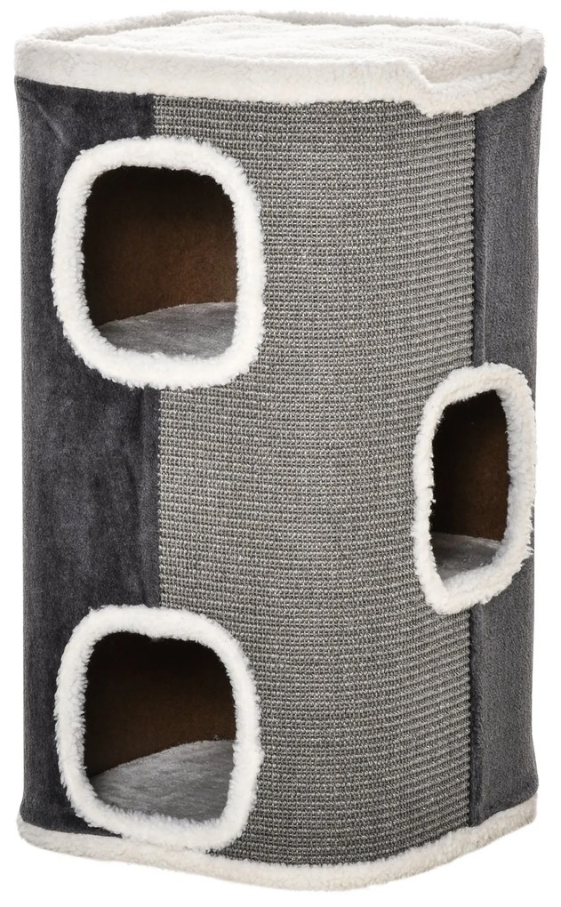 Barril Arranhador para Gatos 74cm de Altura Torre de Escalar com 3 Cavernas de Sisal e Pelúcia Plataforma de Velo 40x40x74cm Cinza