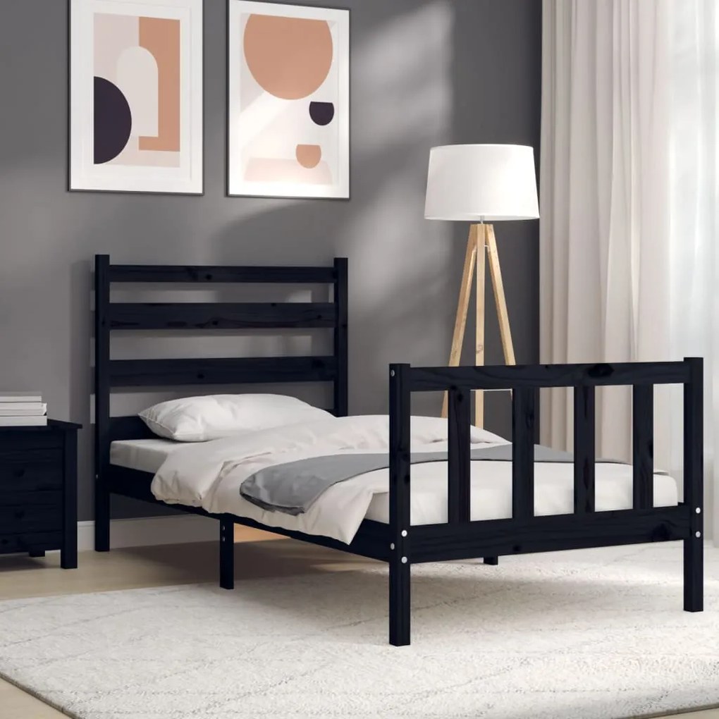 Estrutura de cama com cabeceira 90x190 cm madeira maciça preto