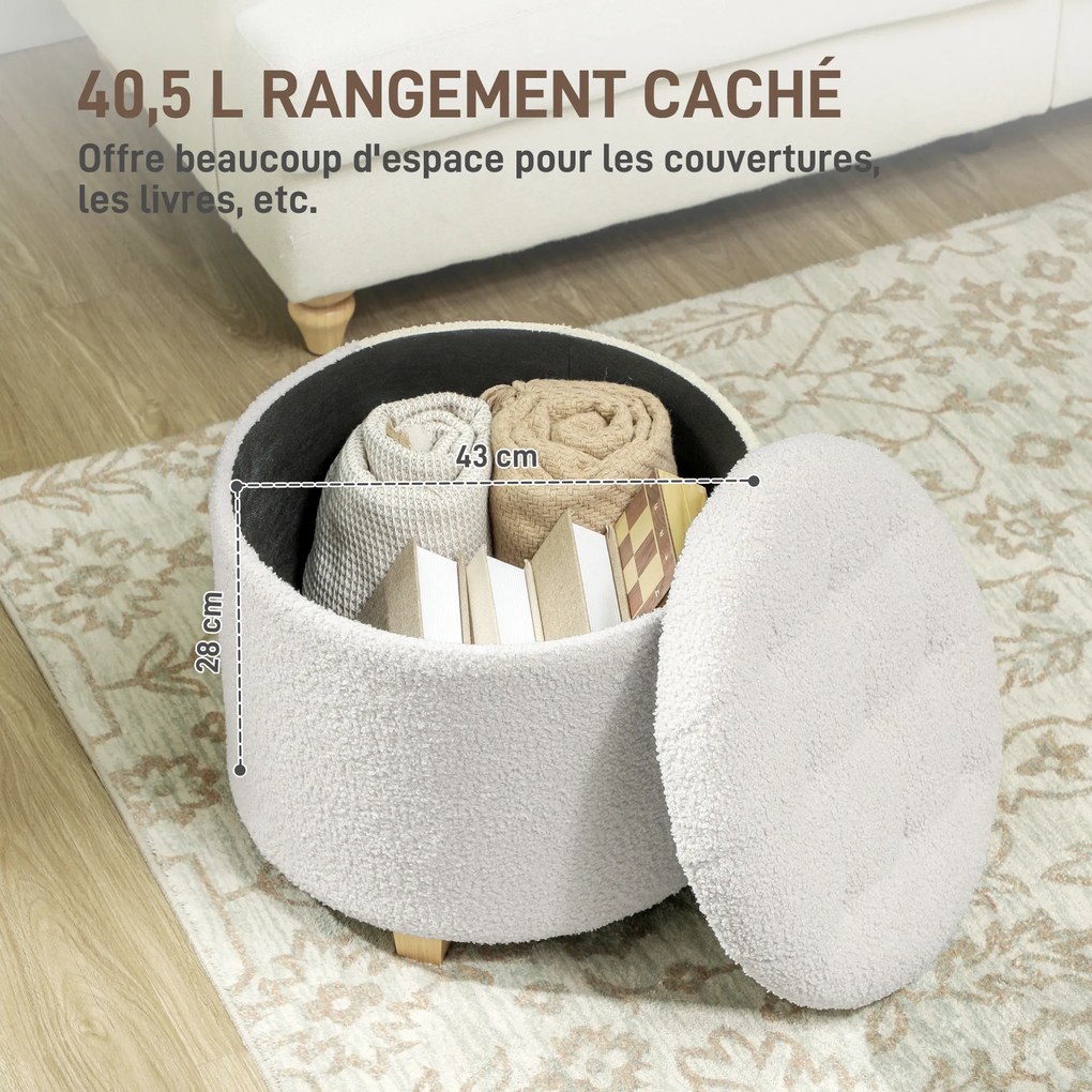 Pufe com arrumação, banco redondo, pufe para apoiar os pés em tecido felpudo, capacidade de 120 kg, Ø 45 x 41 cm, branco