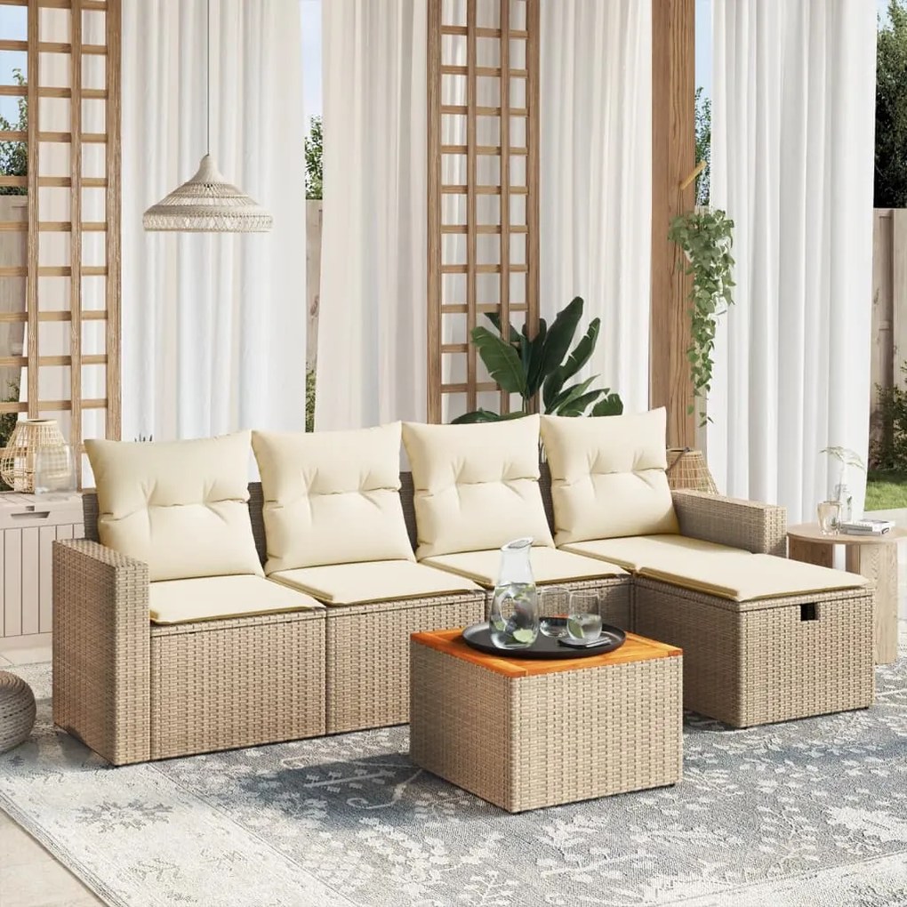 6 pcs conjunto de sofás p/ jardim com almofadões vime PE bege