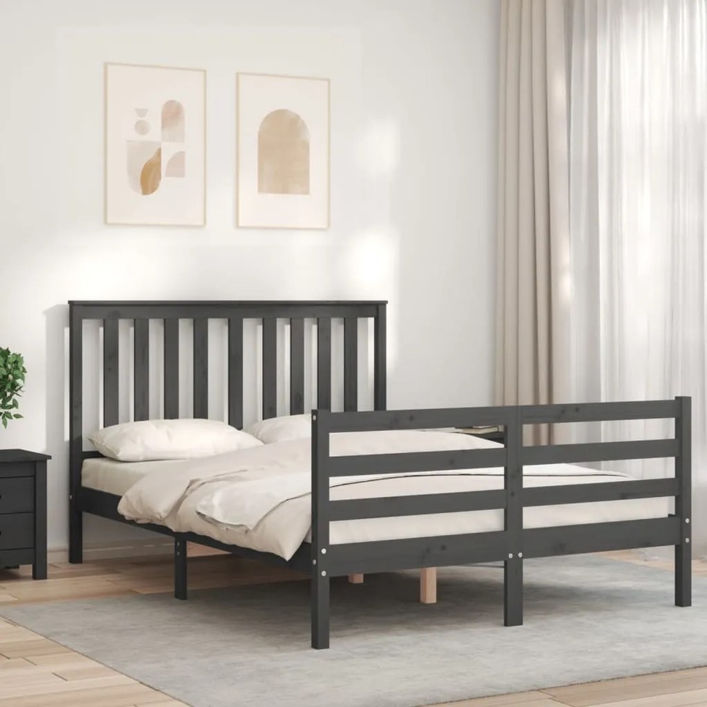 Estrutura de cama de casal com cabeceira madeira maciça cinza