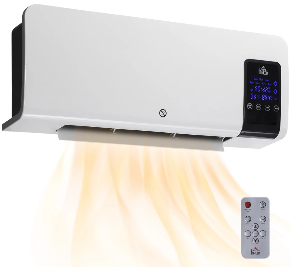 HOMCOM Aquecedor Elétrico Parede 1000W 2000W Ecrã LED Controlo Remoto Termostato Temporizador Eficiente 54,5x12x21,5cm Branco | Aosom Portugal
