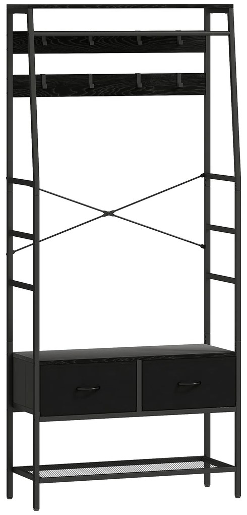 HOMCOM Cabideiro Industrial com 2 Gavetas de Tecido Prateleira 8 Ganchos e Estrutura de Aço 80x30x180,5 cm Preto | Aosom Portugal
