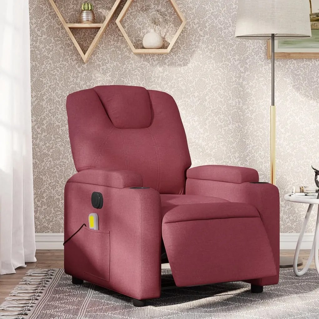 vidaXL Poltrona reclinável de massagens elétrica tecido vermelho tinto
