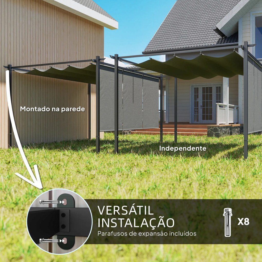 Pérgola com Teto Retrátil de 390x293x220 cm Pérgola de Parede ou Independente com Lados Enroláveis Proteção UV30+ Cinzento