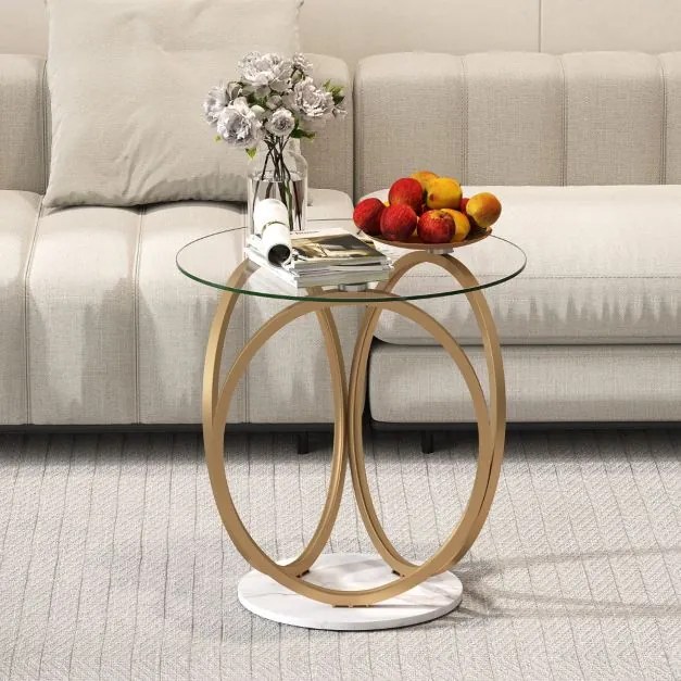 Mesa de centro redonda 60x60x61,5 cm moderna em vidro temperado com estrutura metálica em forma de anel  para sala de estar, escritório, casa e espaço