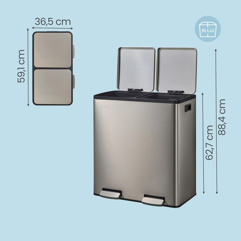 Caixote do lixo com 2 compartimentos, caixote do lixo de 2 x 30 L, 59,1 x 36,5 x 62,7 cm caixote do lixo com pedal e tampa com fecho suave prateado