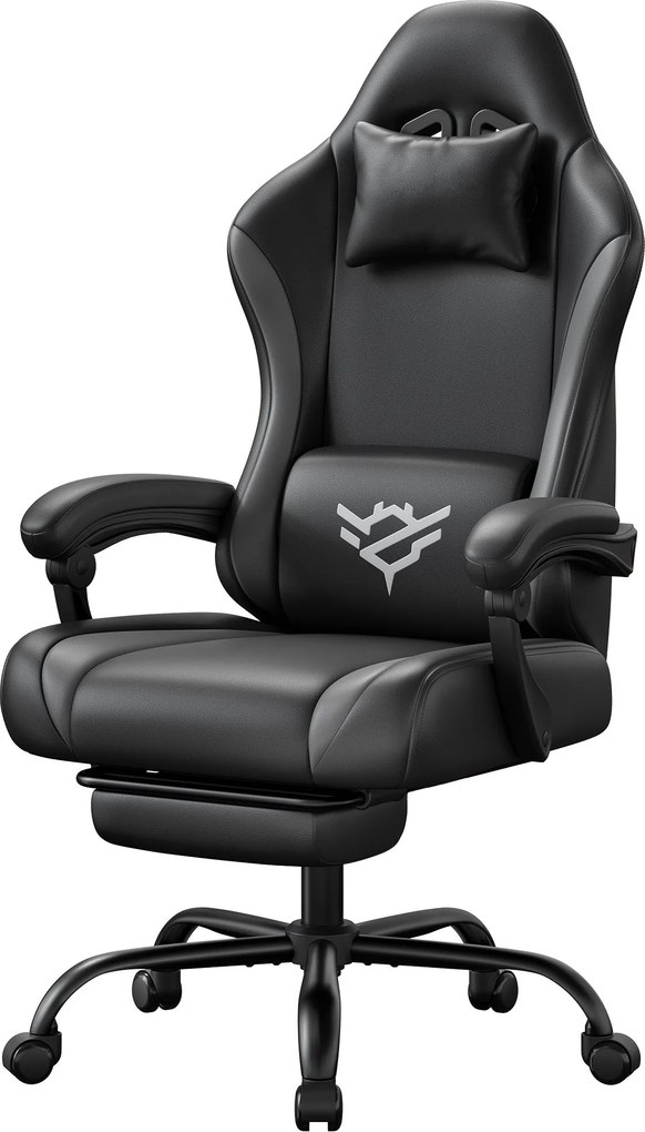 Cadeira gaming, ergonómica para PC em couro PU com apoio para os pés e inclinação de 135°, 70 x 70 x 120-130 cm Preto e cinzento