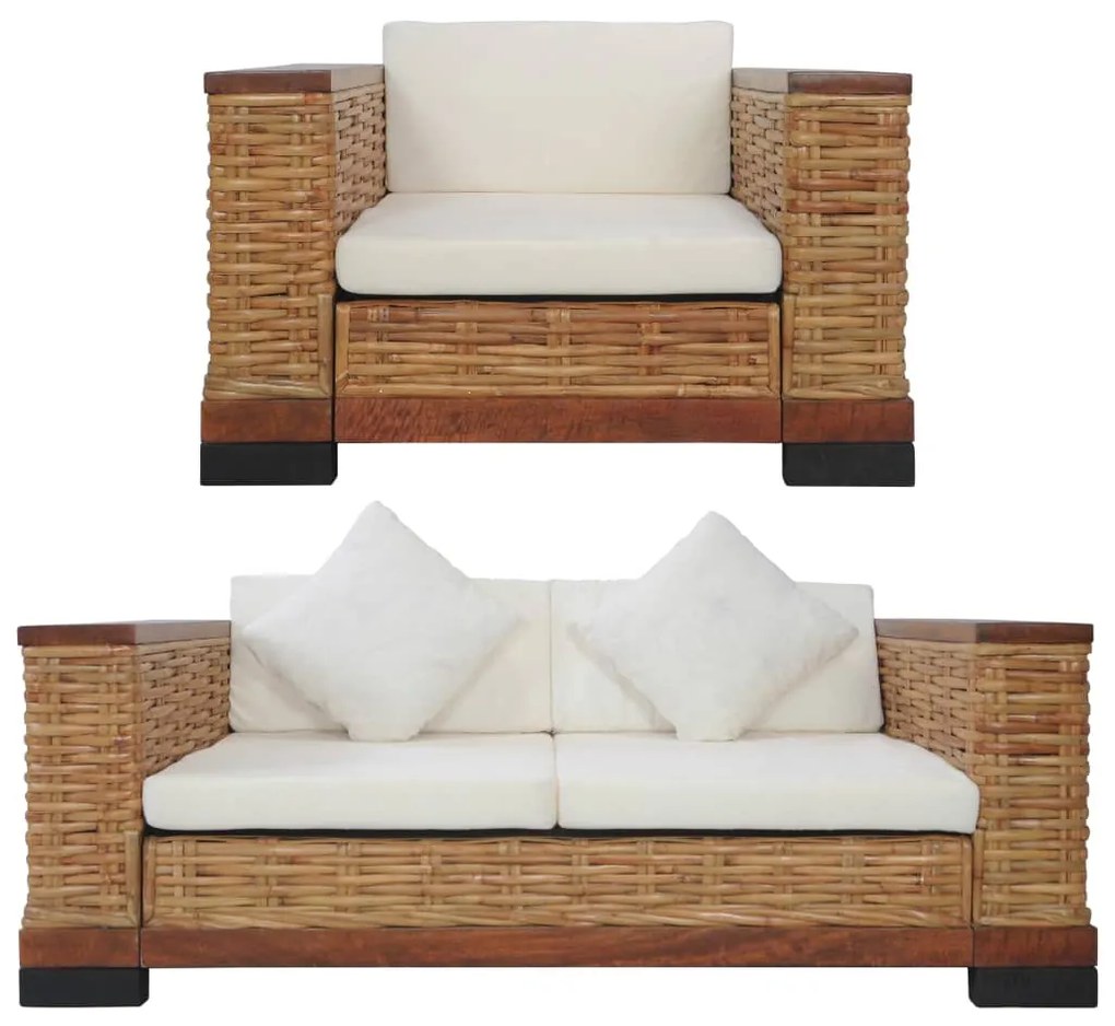 2 pcs conjunto de sofás com almofadões vime natural castanho