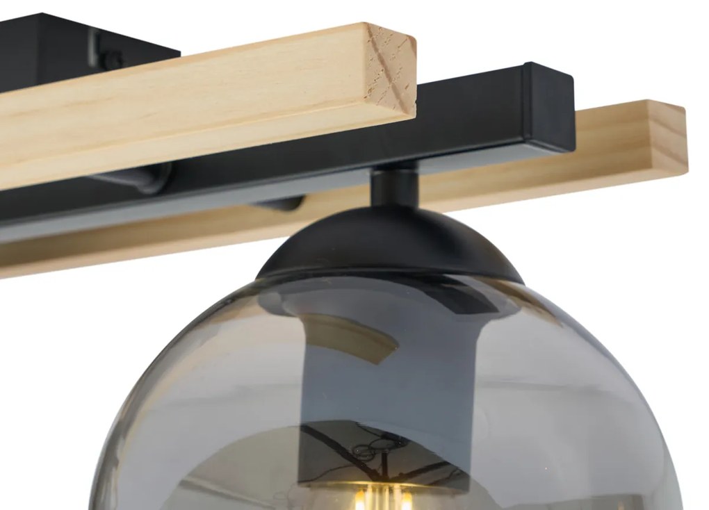 Plafon moderno preto com madeira e vidro fumado 3-luzes - Aleks