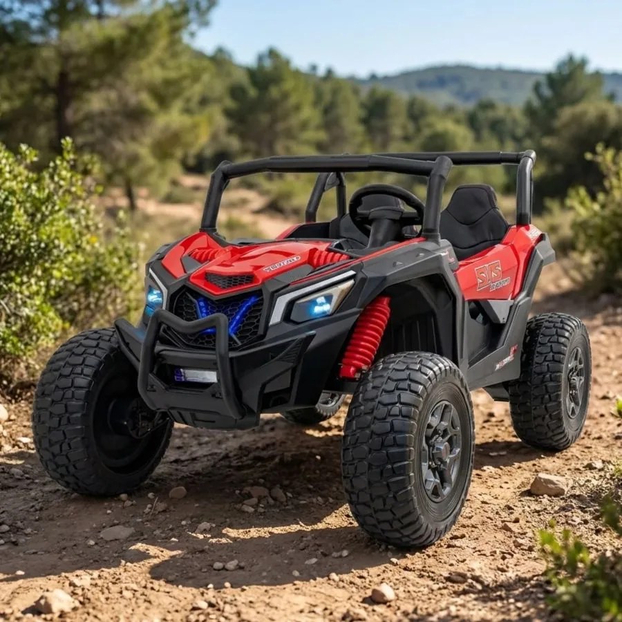 Buggy elétrico para Crianças 24V, 4x4, 4 motores 200W, UTV X3 Off-Road, Rodas de espuma EVA, 2x Assentos Couro ecológico Vermelho