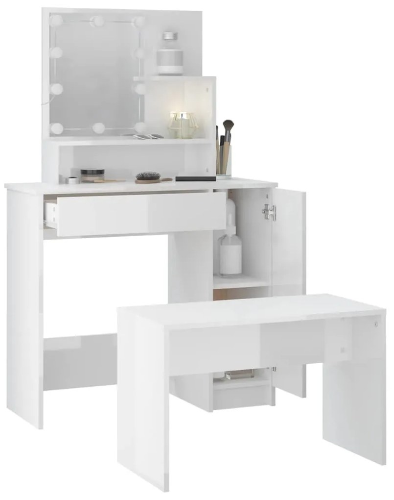 Conjunto toucador com LED madeira processada branco brilhante