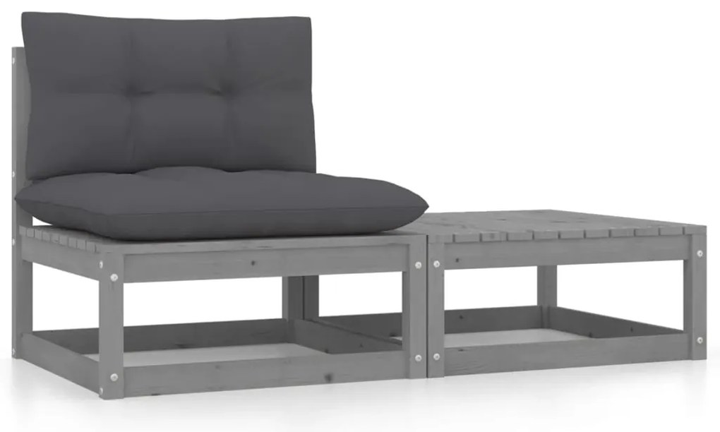 2 pcs conj. lounge de jardim c/ almofadões pinho maciço cinza